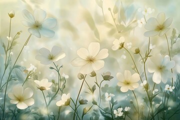 Obraz premium Delicate white flowers bloom in garden setting. Soft pastel colors, gentle petals create tranquil scene. Light, airy atmosphere evokes feeling of serenity, beauty. Illustration natural garden setting