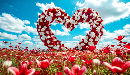A vibrant heart-shaped arrangement of red flowers surrounded by a field of red and white blossoms under a bright blue sky, symbolizing love and Valentine's romance.