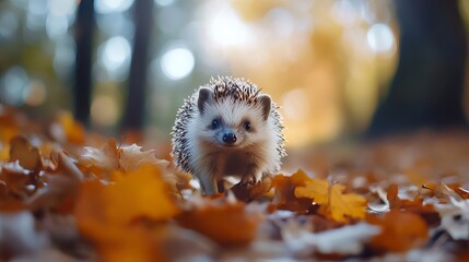 Fototapeta premium A little hedgehog walking through autumn leaves looking straight at the camera