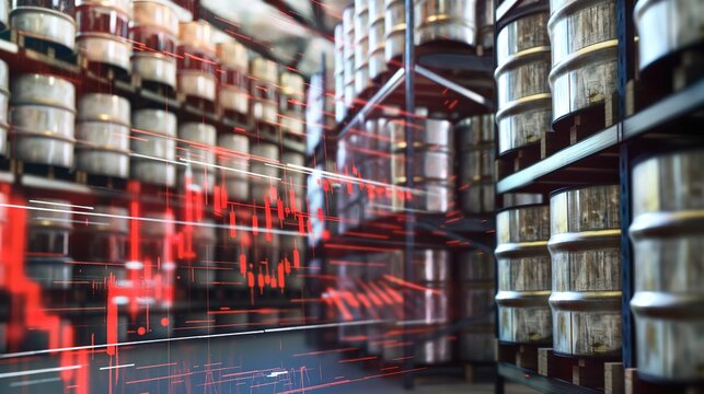 Oil barrels stacked in a warehouse with a large red downward arrow. Economics, finance, oil price war, energy crisis, economic depression, deflation