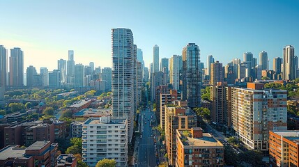 Naklejka premium A cityscape with tall buildings aligned perfectly, showcasing detailed architectural lines and corrected vertical perspective, clear blue sky.