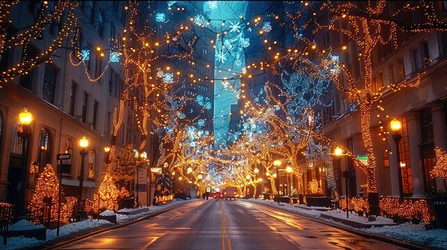 Downtown decorated heavily for Christmas with tons of lights and trees.