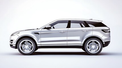 Fototapeta premium A sleek high-speed SUV with a blank design, positioned in sharp focus against a pristine white background, glossy metallic surfaces reflecting soft studio lighting, modern and minimalist vibe