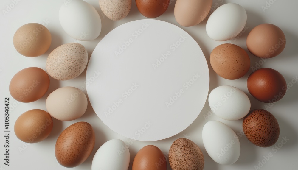 Poster A circular arrangement of various colored eggs surrounds a blank white space, creating a visually appealing and harmonious composition.