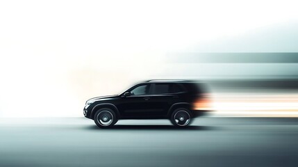 A high-speed blank SUV captured in a turning motion, blurred tires to indicate movement, white background with soft directional lighting, dynamic and impactful