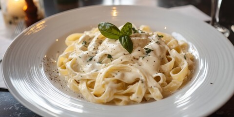 Fettuccine pasta served with a rich white cream sauce on a plate, showcasing a delicious combination of flavors that highlight the appeal of fettuccine pasta in a gourmet dish.