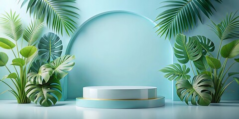 Fototapeta premium Serene Minimalist Display with Lush Tropical Foliage and Aqua Pedestal