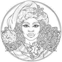An African-American woman wearing a Santa hat near a Christmas tree.Coloring book antistress for children and adults.