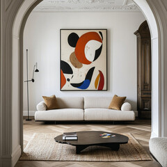 Modern Living Room with Arched Door Frame and Abstract Artwork