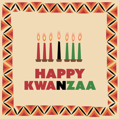Colorful Happy Kwanzaa Greeting Card with Burning Candles - Vector Design, Illustration Template with Traditional Patterns and Colors: Red, Green and Black
