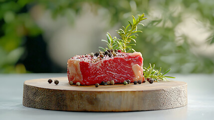 Premium juicy raw steak preparation at a culinary workshop outdoor setting close-up view gourmet cooking concept