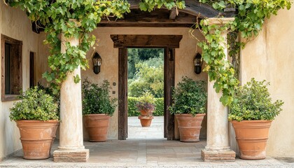 Warm ivory-toned entrance with wooden arch, vine-covered pillars, and terracotta pots.