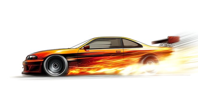 A high-speed blank sedan car with motion trails, captured mid-drift with dynamic tire rotation, white background with sharp directional lighting emphasizing its power, thrilling and action-packed