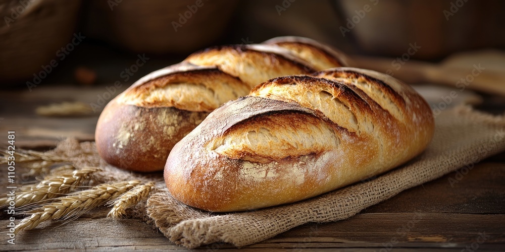 Poster freshly baked bread displayed on a rustic wooden background, showcasing the appetizing texture and g