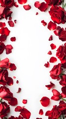 A lot of red roses on a white background, with rose petals scattered around them and red ribbons