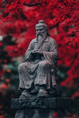 Obraz premium Confucious: Chinese Famous Philosopher in a Historical Granite Pagoda Garden
