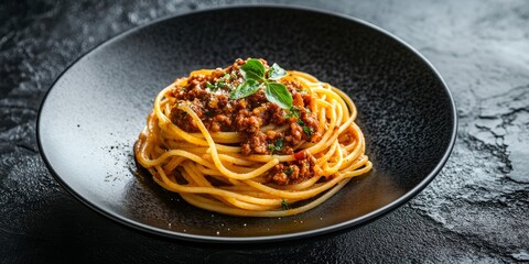 Delicious spaghetti pasta bolognese served on a sleek black plate, showcasing the rich flavors of traditional Italian food. This Italian food image highlights a classic dish of spaghetti pasta