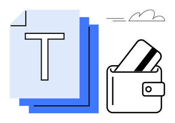 Credit card placed inside a wallet next to overlapping document icons. Ideal for finance, banking, digital transactions, online payments, budgeting, security, e-commerce. Line metaphor