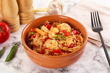 Italian pasta orzo with prawn