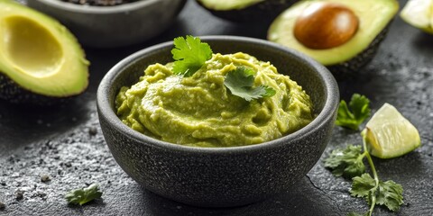 Obraz premium Guacamole sauce displayed on a surface, showcasing its vibrant color and texture. This guacamole sauce adds a fresh and delicious touch to various dishes, enhancing flavors with its rich taste.