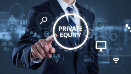 Fototapeta premium Businessperson activates a digital interface displaying Private Equity..
