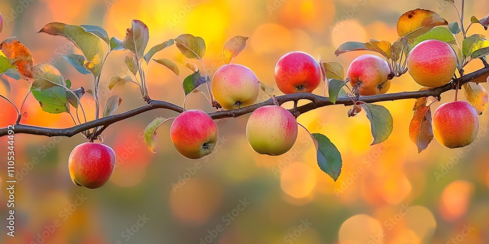 Poster apples and leaves adorn tree branches in a vibrant garden, showcasing the beauty of apples and leave