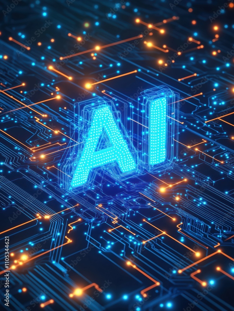 Poster abstract illustration of artificial intelligence in cyberspace. ai symbol glowing on complex tech ne