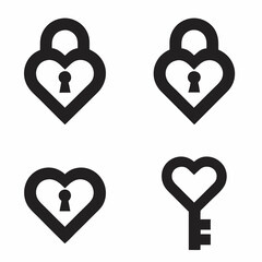set of lock and key heart line icon black on white