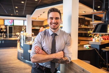 Junger Business Mann im Café arbeitet mit Laptop und Telefon produktiv in einem modernen Arbeitsumfeld