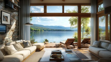 Fototapeta premium Cozy Lake House Living Room With Lake View