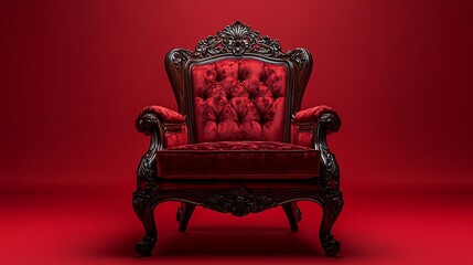 A luxurious wooden armchair with padded armrests and deep mahogany finish, intricate carvings on...