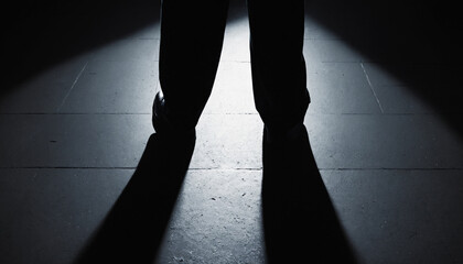 person standing in the shadows half lit. spy