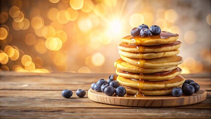 Obraz premium A Delicious Stack of Buttery Pancakes Topped with Sweet Berries and Drizzled with Golden Syrup on a Rustic Wooden Table