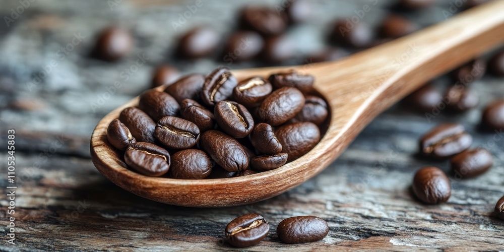 Poster Coffee beans displayed in a wooden spoon resting on a rustic wooden table highlight the rich texture and color of the coffee beans, inviting you to enjoy the essence of coffee beans.