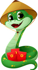 Cartoon snake character wearing Chinese traditional conical hat holds three red gift envelopes with money, celebrating the Lunar Year 2025. Vector cute festive reptile representing holiday celebration