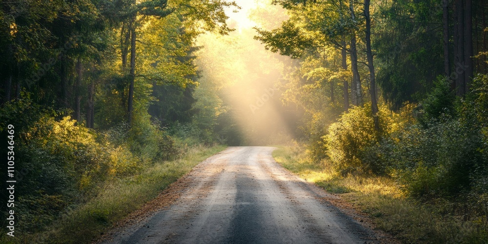 Poster Scenic country road leading into a tranquil forest with sunlight filtering through the trees, creating a serene atmosphere on the country road surrounded by nature.