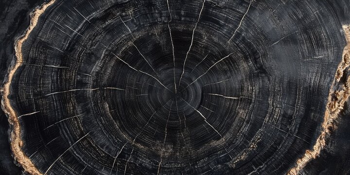 Cross section of black ebony wood, known for its incredible hardness. This black ebony tree showcases the unique characteristics and beauty of one of the hardest woods available globally.