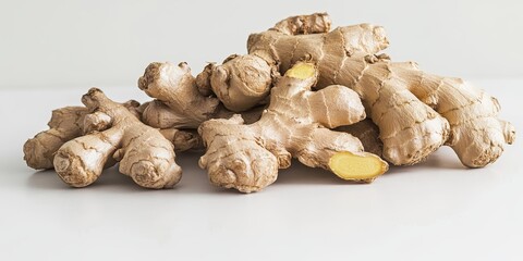 Fototapeta premium Fresh ginger root, also known as ginger rhizome, isolated on a white background provides a simple yet effective visual. This fresh ginger root cutout highlights the unique texture of ginger.