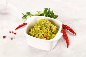 Guacamole with avocado, tomato and chili