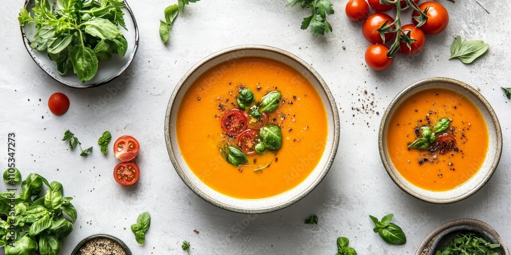 Poster vegan tomato soup displayed on a light stone table, showcasing a vibrant arrangement. the top view c
