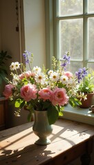Bouquet of gentle camomile in white cup. Morning light in the room. Soft home decor, vase with white flowers on white wall background and on wooden table. Interior. Greeting card. Copy space.