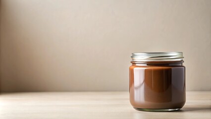 A glass jar filled with rich, dark brown chocolate spread sits on a light wooden surface against a neutral background.