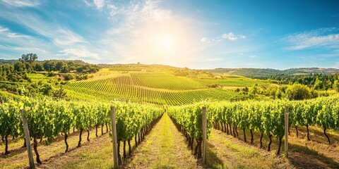 Naklejka premium Vineyards in a stunning landscape under a bright sunny sky create a beautiful scene. The vibrant vineyards showcase the natural beauty of the landscape, perfect for vineyard enthusiasts.