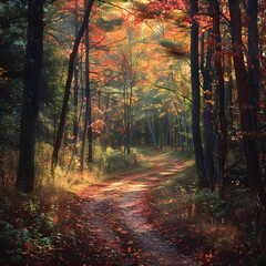 Obraz premium Serene Autumn Forest Trail: A Tranquil Pathway through Vibrant Fall Foliage in a Secluded Woodland