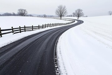 Fototapeta premium C 2023 A gentle snowfall over a quiet country road with copy space.