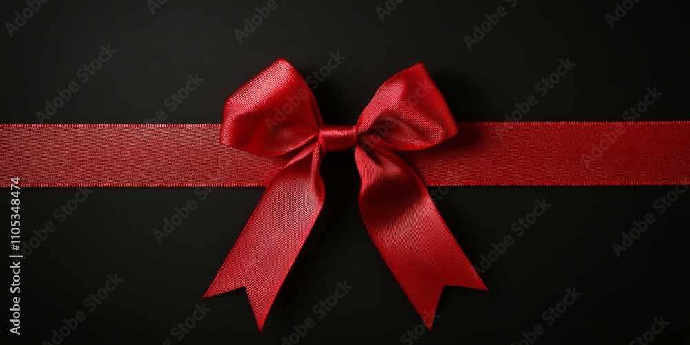 Poster Festive red ribbon and bow displayed on a black background create an elegant atmosphere. This red ribbon and bow combination offers a perfect festive touch with ample copy space.