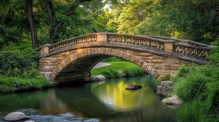 Old stone bridge over a clear river, surrounded by lush greenery, historic and timeless, calm and scenic, nature and architecture harmony.