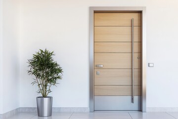 Minimalist light wood door with steel accents, modern design and plant addition.