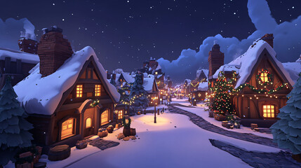 Fototapeta premium A stylized winter village with quaint houses, snow-covered rooftops, and Christmas lights glowing warmly against the cold winter night sky.