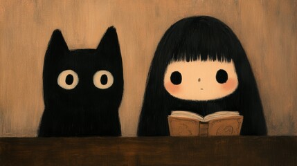A cozy whimsical painting depicting a witch and her black cat in a study, reading a spellbook.